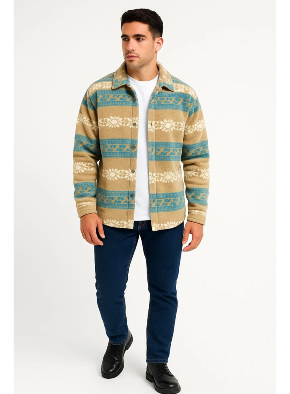 Erkek Desenli Polar Gömlek – Etnik Şerit Desen Yakalı, Uzun Kollu, Düğmeli, Oversize Rahat Kalıp - Sarı