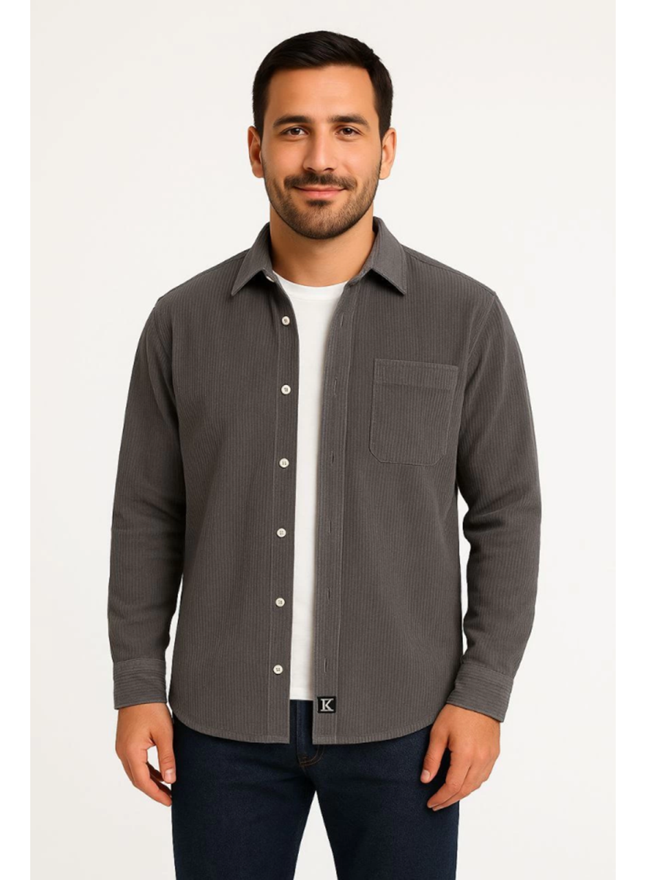 Erkek Fitilli Kadife Cepli Gömlek Oversize Rahat Kalıp - Füme