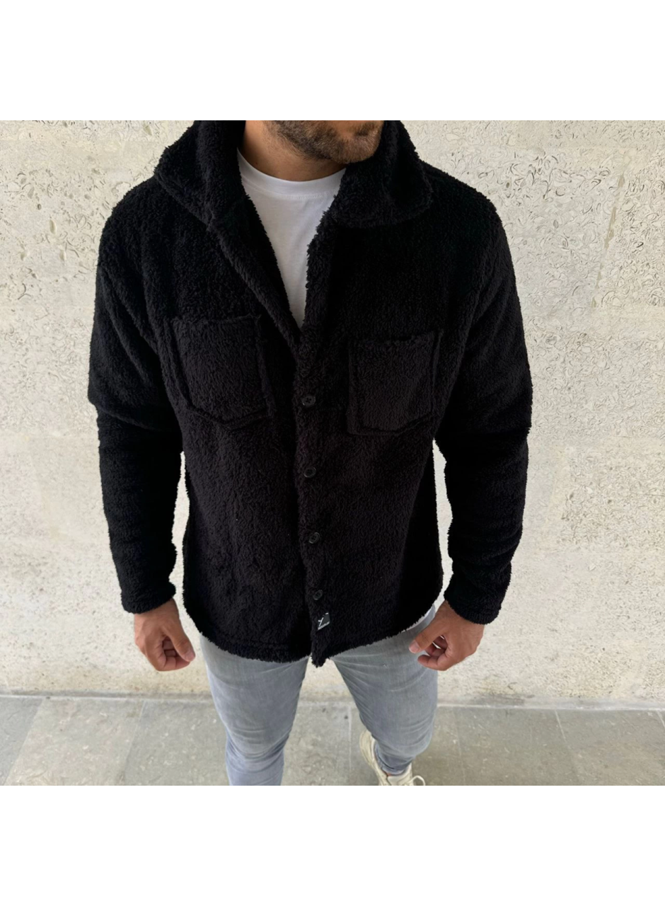 Erkek Pelüş Polar Hırka Gömlek – Yakalı, İlik Düğmeli, Göğüs Cepli, Yumuşak Dokulu Kışlık Regular Fit Rahat Günlük Model - Siyah