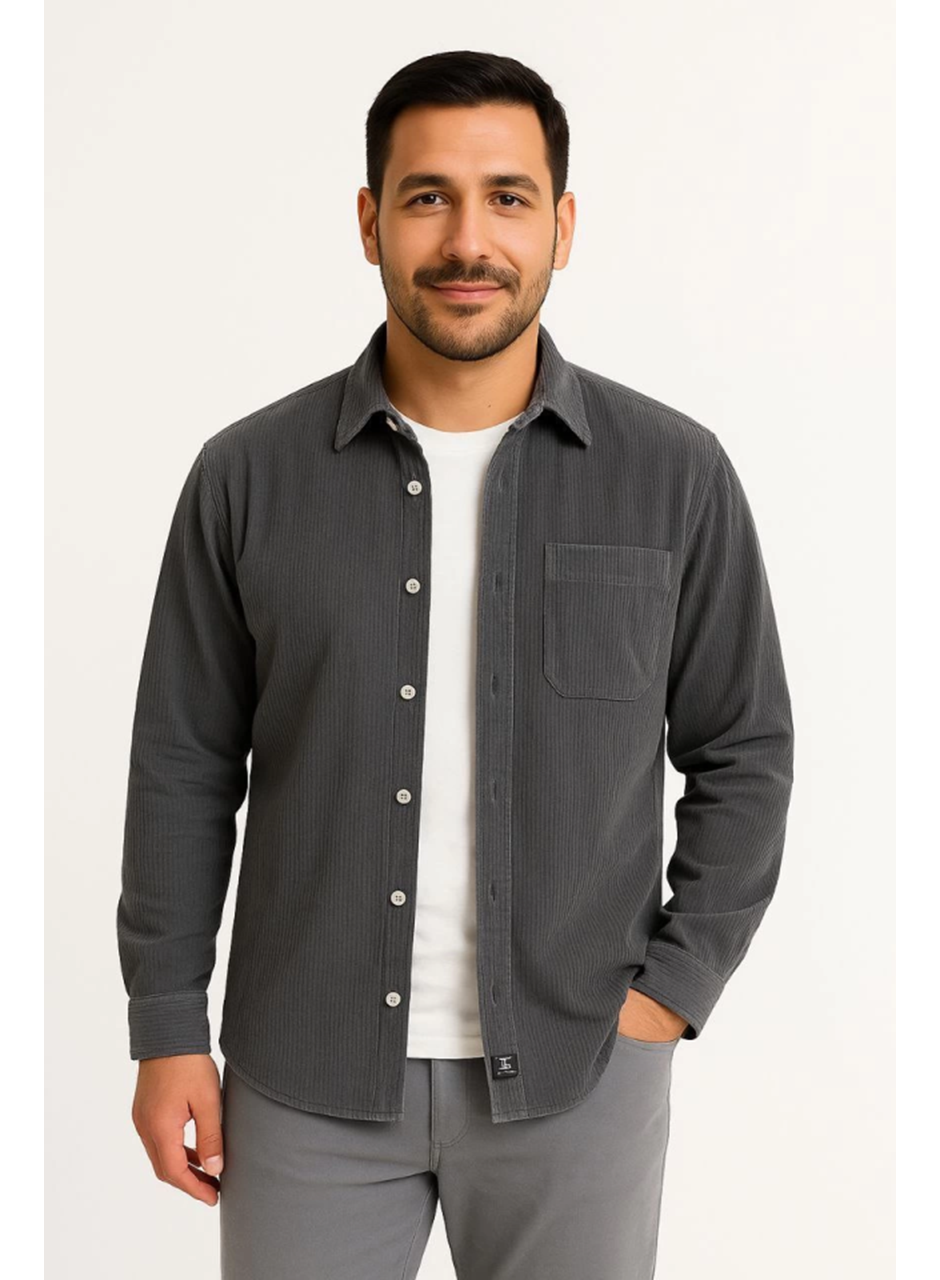 Erkek Fitilli Kadife Cepli Gömlek Oversize Rahat Kalıp - Füme