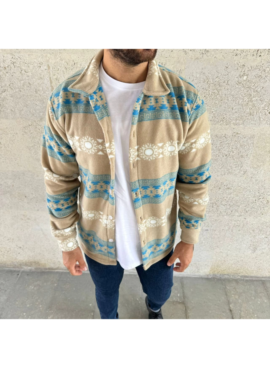 Erkek Desenli Polar Gömlek – Etnik Şerit Desen Yakalı, Uzun Kollu, Düğmeli, Oversize Rahat Kalıp - Sarı