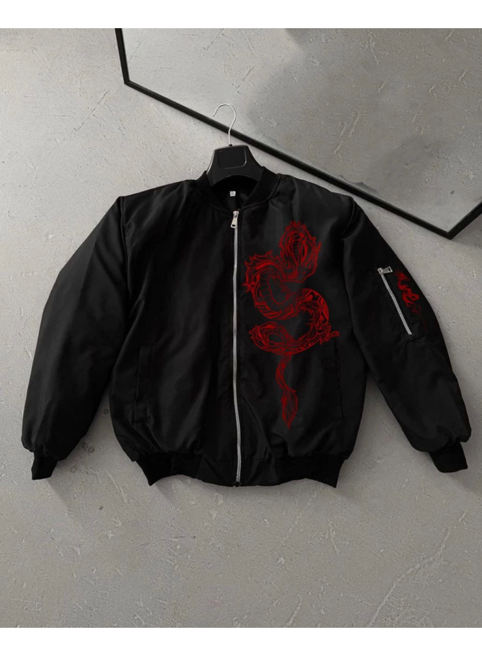 Tam Fermuarlı Uzun Kol Baskılı Bomber Ceket - Siyah