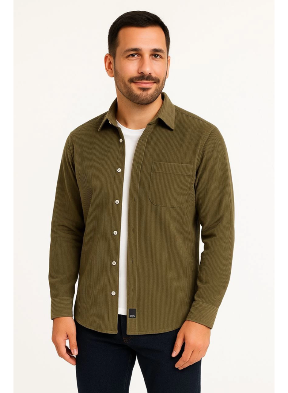 Erkek Fitilli Kadife Cepli Gömlek Oversize Rahat Kalıp - Haki