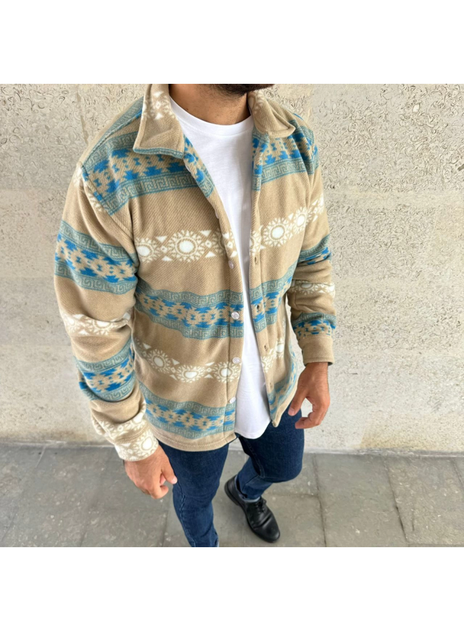 Erkek Desenli Polar Gömlek – Etnik Şerit Desen Yakalı, Uzun Kollu, Düğmeli, Oversize Rahat Kalıp - Sarı