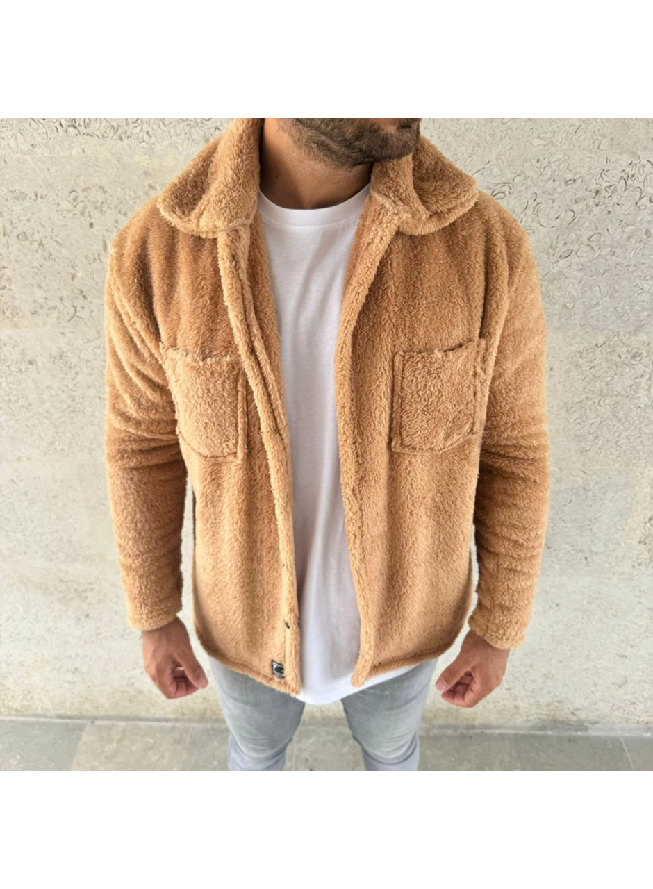Erkek Pelüş Polar Hırka Gömlek – Yakalı, İlik Düğmeli, Göğüs Cepli, Yumuşak Dokulu Kışlık Regular Fit Rahat Günlük Model - Açık Kahve