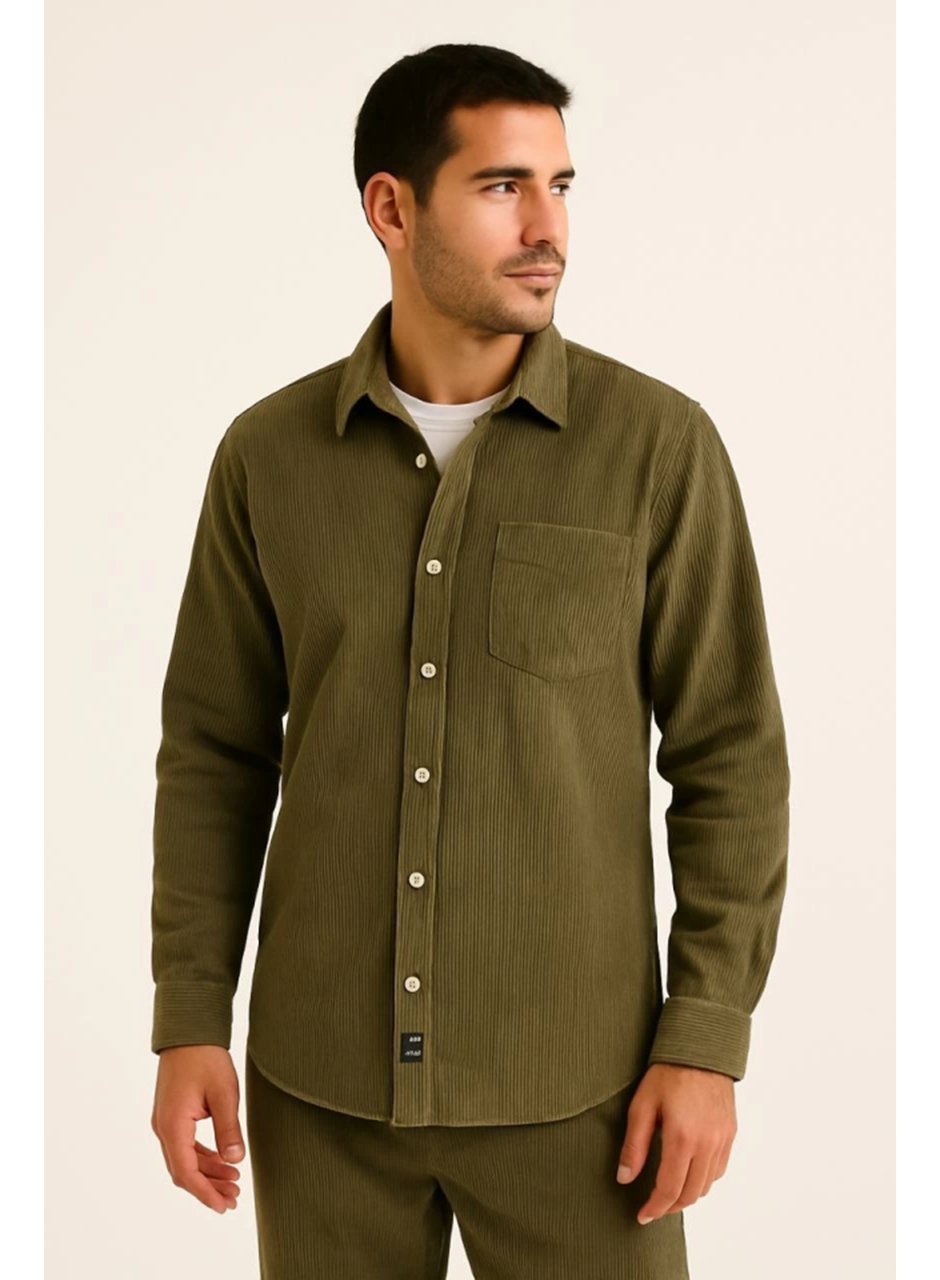 Erkek Fitilli Kadife Cepli Gömlek Oversize Rahat Kalıp - Haki