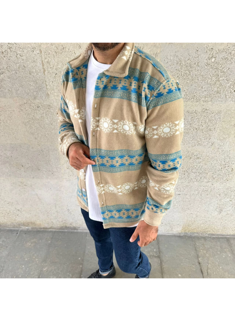 Erkek Desenli Polar Gömlek – Etnik Şerit Desen Yakalı, Uzun Kollu, Düğmeli, Oversize Rahat Kalıp - Sarı