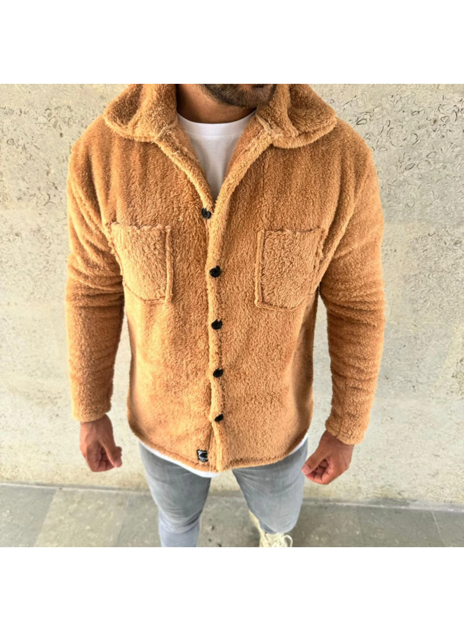 Erkek Pelüş Polar Hırka Gömlek – Yakalı, İlik Düğmeli, Göğüs Cepli, Yumuşak Dokulu Kışlık Regular Fit Rahat Günlük Model - Açık Kahve