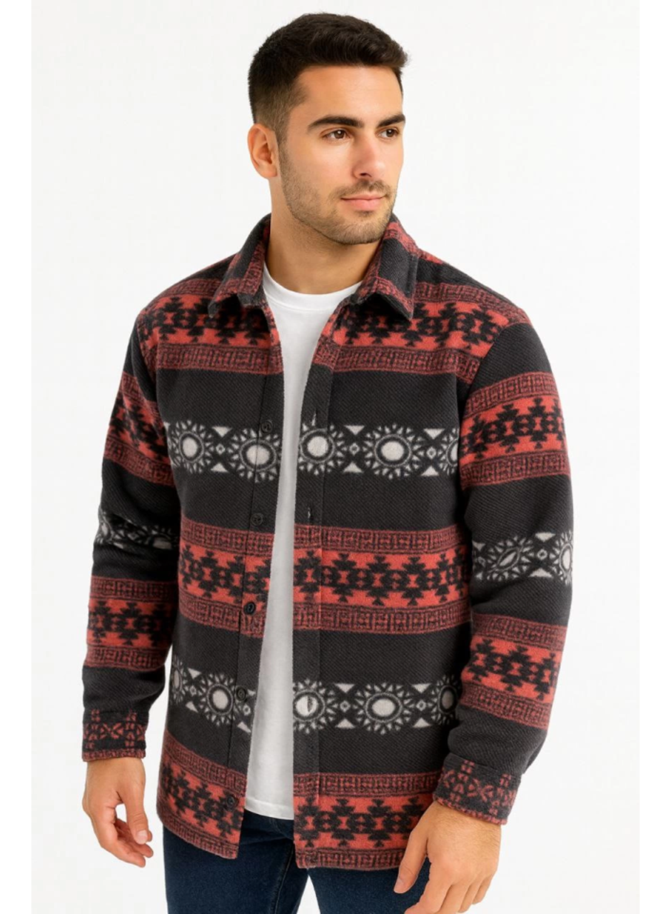 Erkek Desenli Polar Gömlek – Etnik Şerit Desen Yakalı, Uzun Kollu, Düğmeli, Oversize Rahat Kalıp - Füme