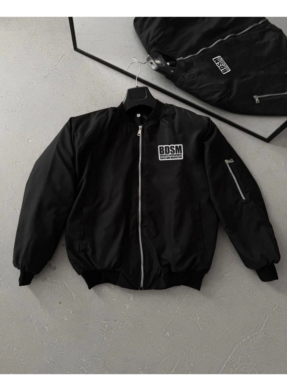 İçi Kapitone Astarlı Tam Kalıp Baskılı Bomber Ceket - Siyah