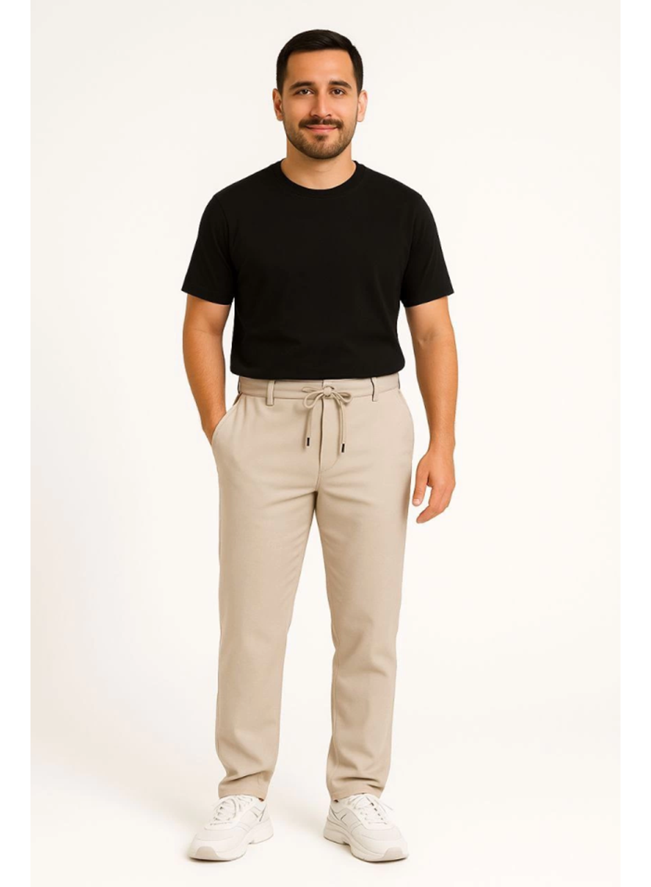 Erkek Diagonel Mikro Dokulu Cepli Pantolon - Bej