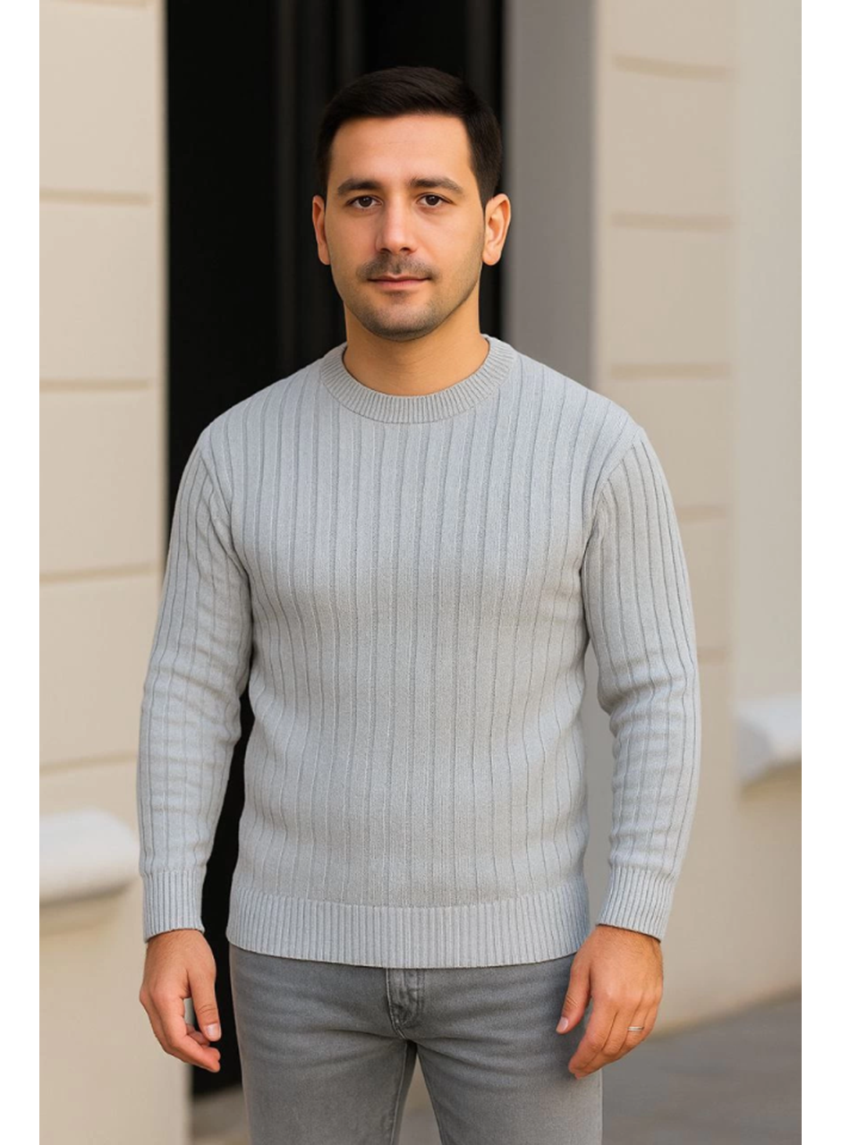 Erkek Bisiklet Yuvarlak Yaka Triko Kazak Pamuklu Kalın Fitilli Dokuma, Regular Fit Uzun Kollu Kışlık Model - Gri