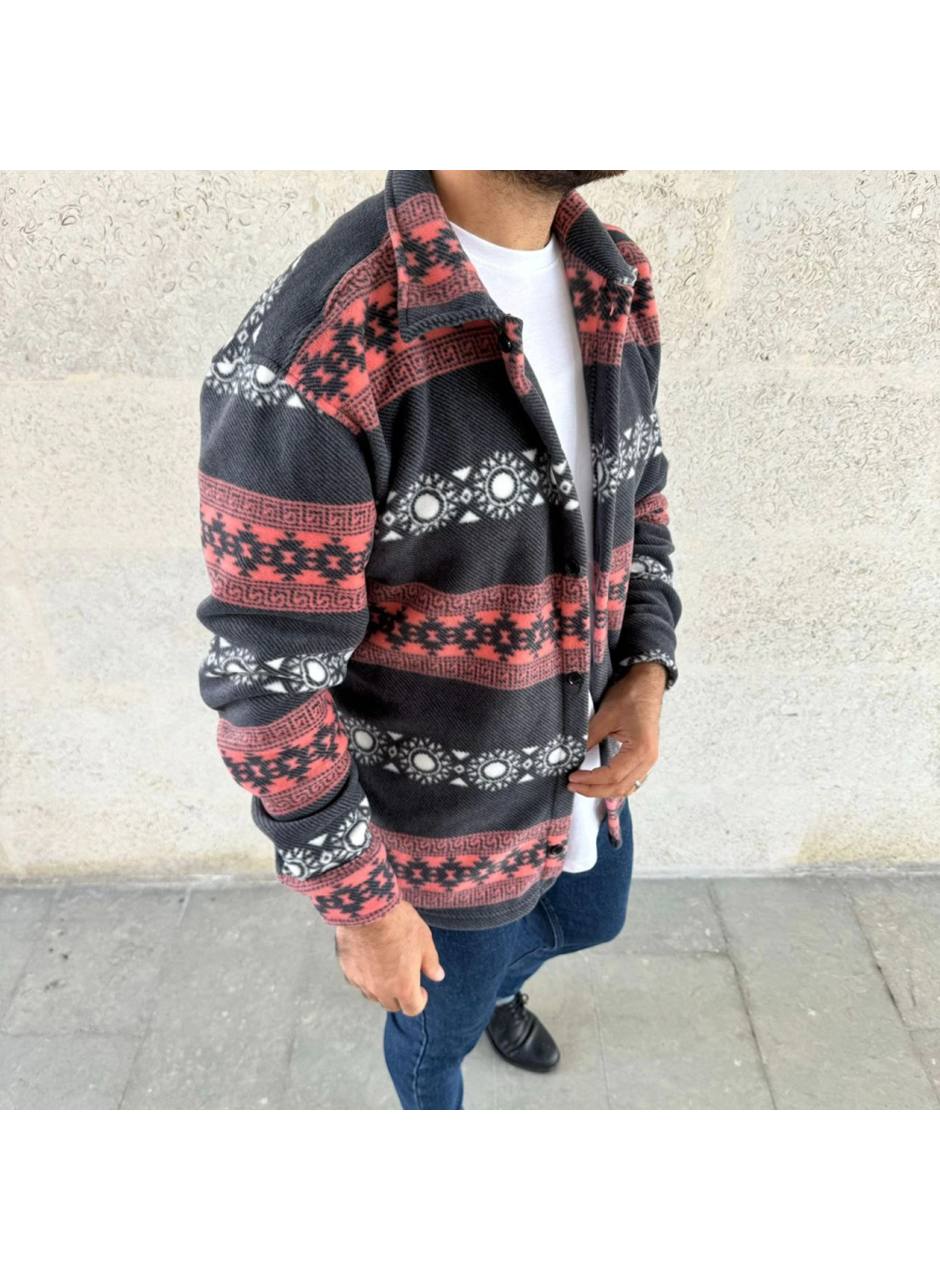 Erkek Desenli Polar Gömlek – Etnik Şerit Desen Yakalı, Uzun Kollu, Düğmeli, Oversize Rahat Kalıp - Füme