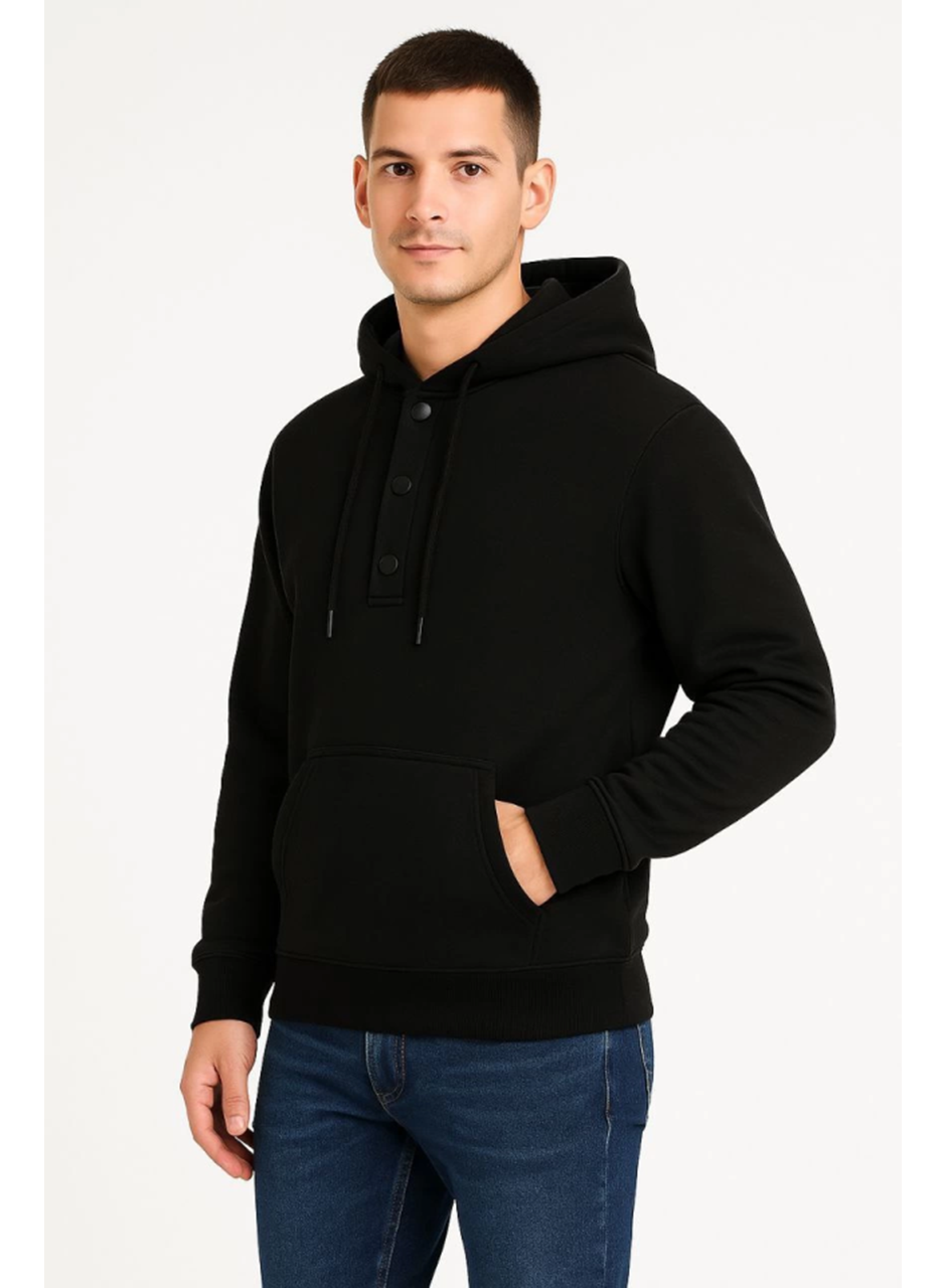 Erkek Ovarsize Kapüşonlu Swetshirt Kanguru Çepli Cıtcıtlı 3 Iplik Şardonlu Hoodie - Siyah