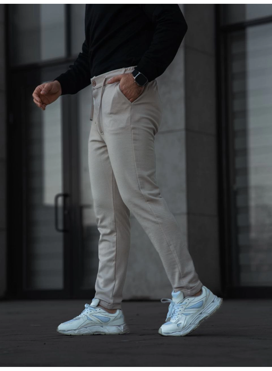 Erkek Diagonel Mikro Dokulu Cepli Pantolon - Bej