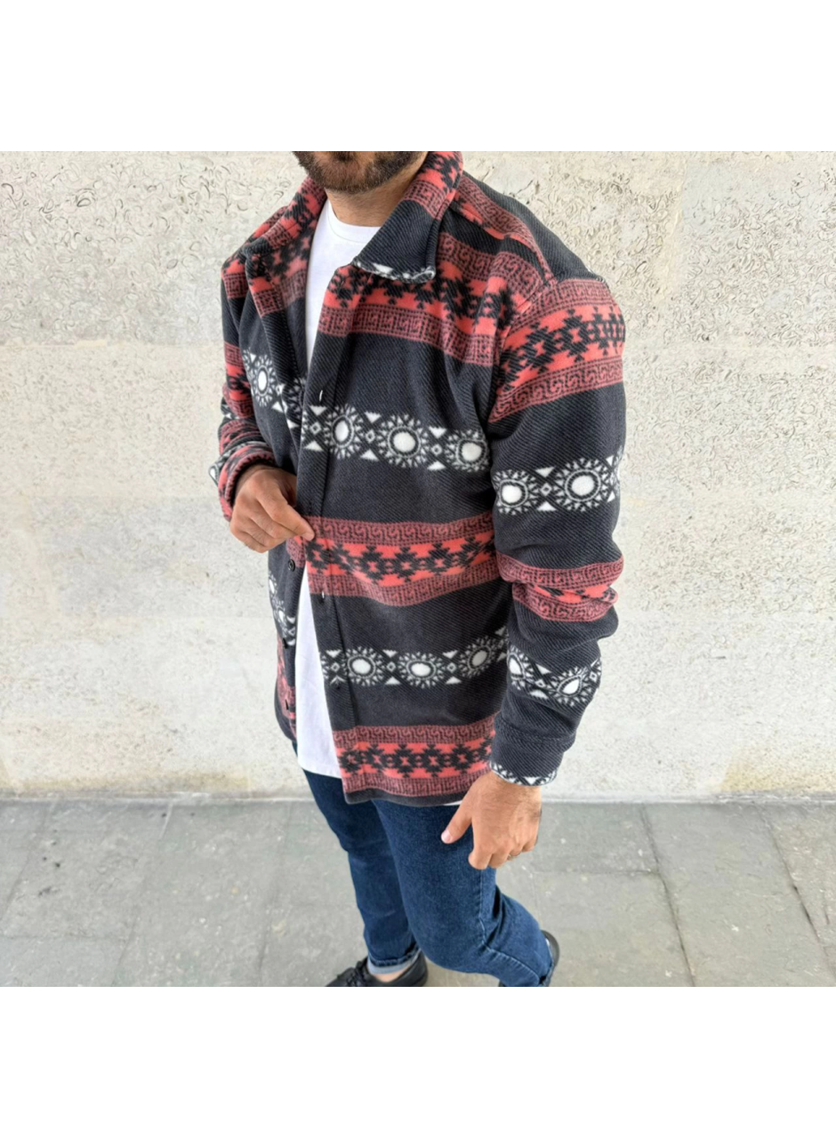 Erkek Desenli Polar Gömlek – Etnik Şerit Desen Yakalı, Uzun Kollu, Düğmeli, Oversize Rahat Kalıp - Füme