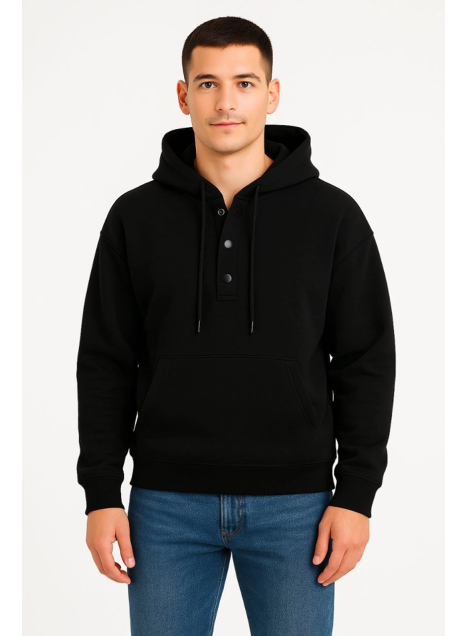 Erkek Ovarsize Kapüşonlu Swetshirt Kanguru Çepli Cıtcıtlı 3 Iplik Şardonlu Hoodie - Siyah