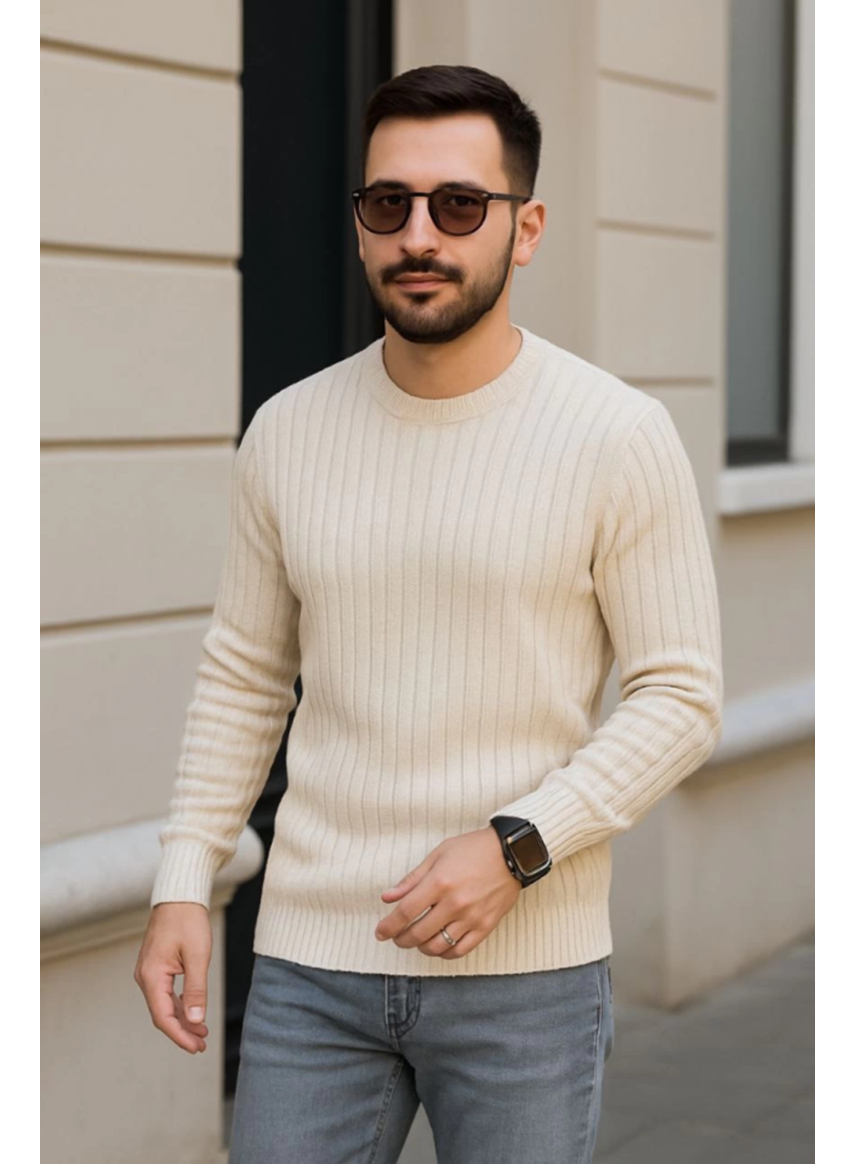 Erkek Bisiklet Yuvarlak Yaka Triko Kazak Pamuklu Kalın Fitilli Dokuma, Regular Fit Uzun Kollu Kışlık Model - Bej