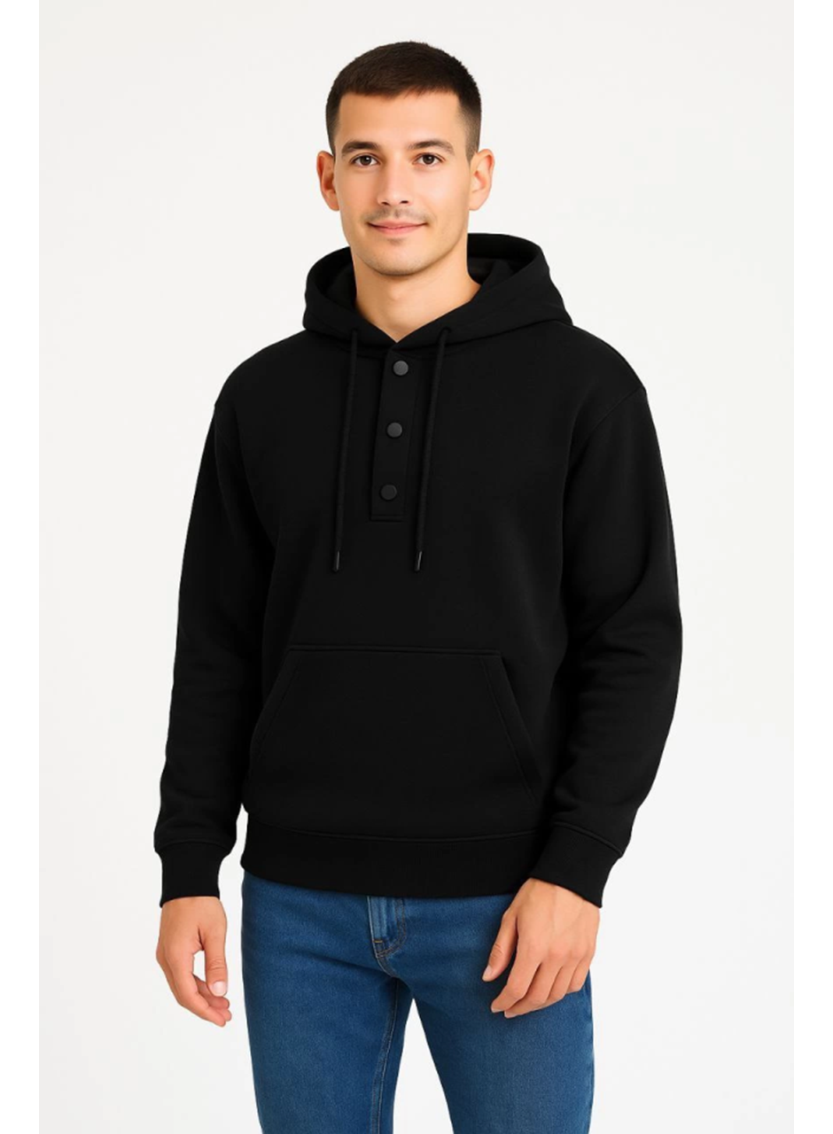 Erkek Ovarsize Kapüşonlu Swetshirt Kanguru Çepli Cıtcıtlı 3 Iplik Şardonlu Hoodie - Siyah