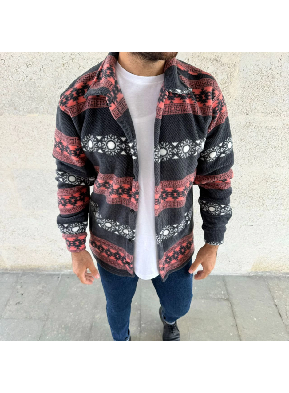 Erkek Desenli Polar Gömlek – Etnik Şerit Desen Yakalı, Uzun Kollu, Düğmeli, Oversize Rahat Kalıp - Füme