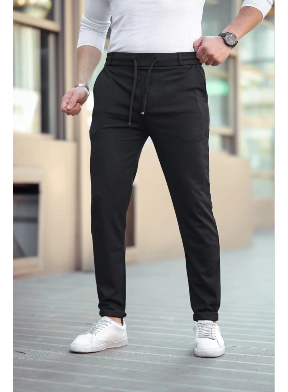 Erkek Diagonel Mikro Dokulu Cepli Beli Lastilki Pantolon - Siyah
