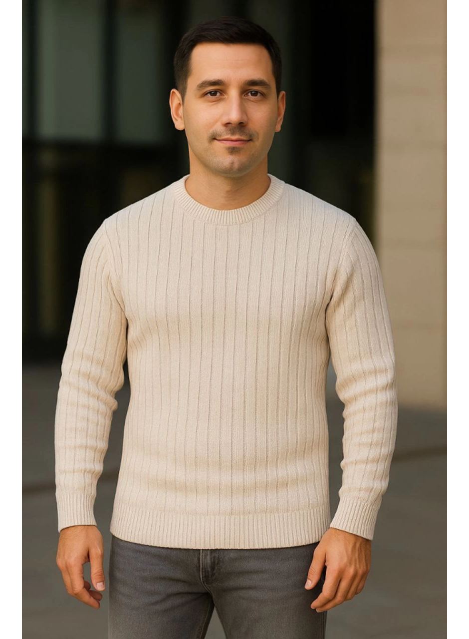 Erkek Bisiklet Yuvarlak Yaka Triko Kazak Pamuklu Kalın Fitilli Dokuma, Regular Fit Uzun Kollu Kışlık Model - Bej