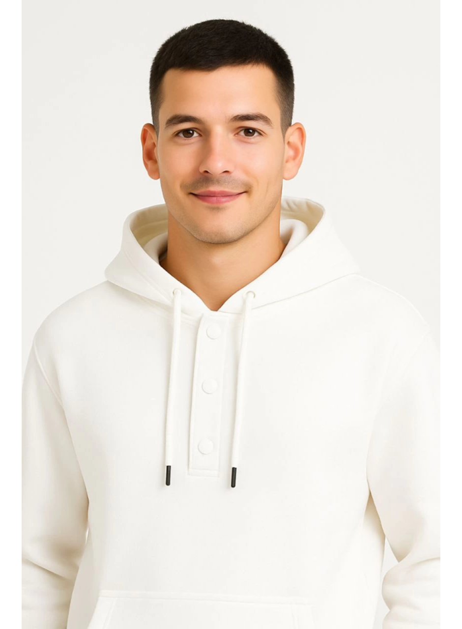 Erkek Ovarsize Kapüşonlu Swetshirt Kanguru Çepli Cıtcıtlı 3 Iplik Şardonlu Hoodie - Beyaz