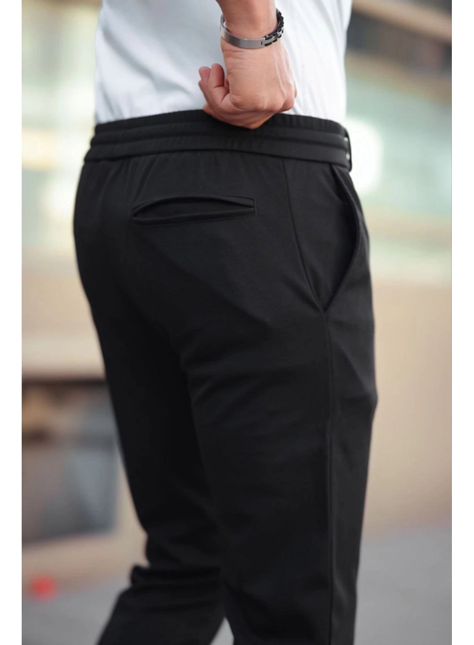 Erkek Diagonel Mikro Dokulu Cepli Beli Lastilki Pantolon - Siyah