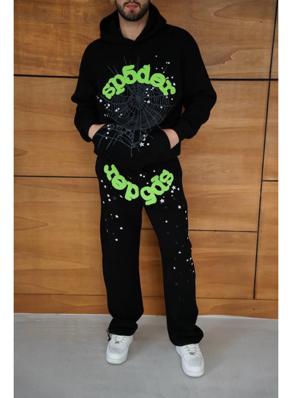 Erkek Kapüşonlu Eşofman Takım Örümcek Ağı Ve Neon Yeşil Baskılı Kanguru Cepli Oversize Rahat Kalıp, Premium Üç İplik Kumaş - Siyah