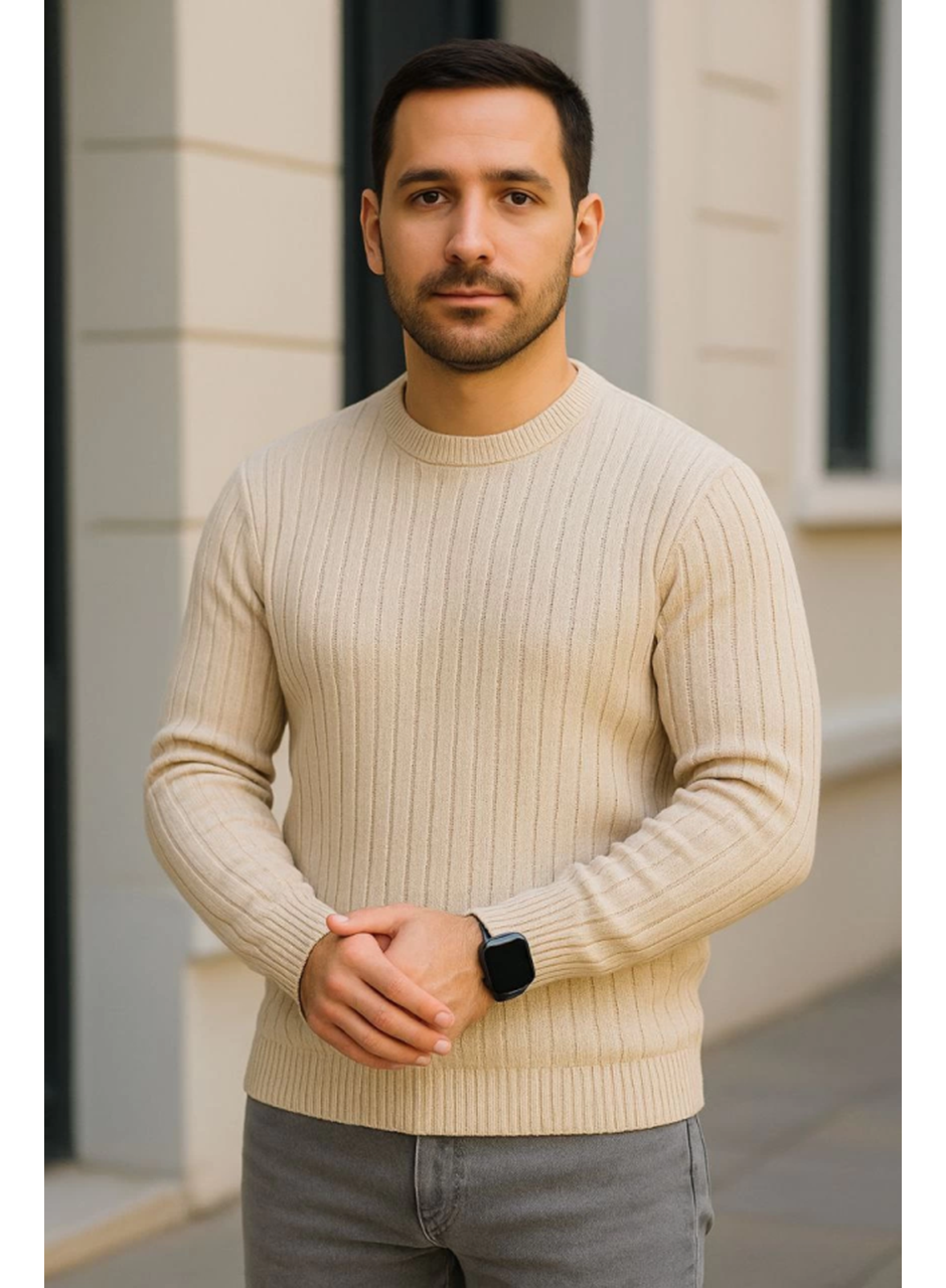 Erkek Bisiklet Yuvarlak Yaka Triko Kazak Pamuklu Kalın Fitilli Dokuma, Regular Fit Uzun Kollu Kışlık Model - Bej
