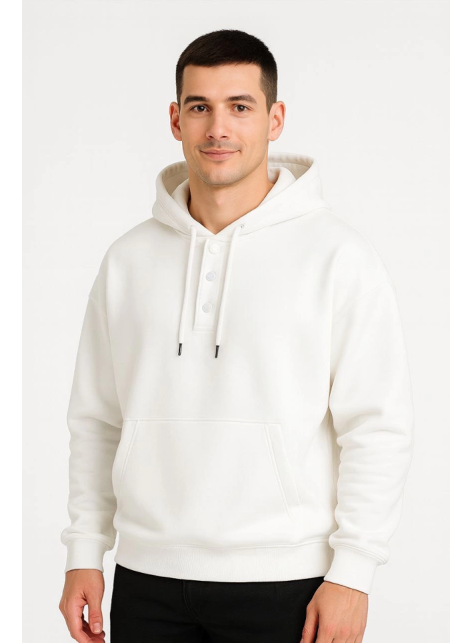 Erkek Ovarsize Kapüşonlu Swetshirt Kanguru Çepli Cıtcıtlı 3 Iplik Şardonlu Hoodie - Beyaz
