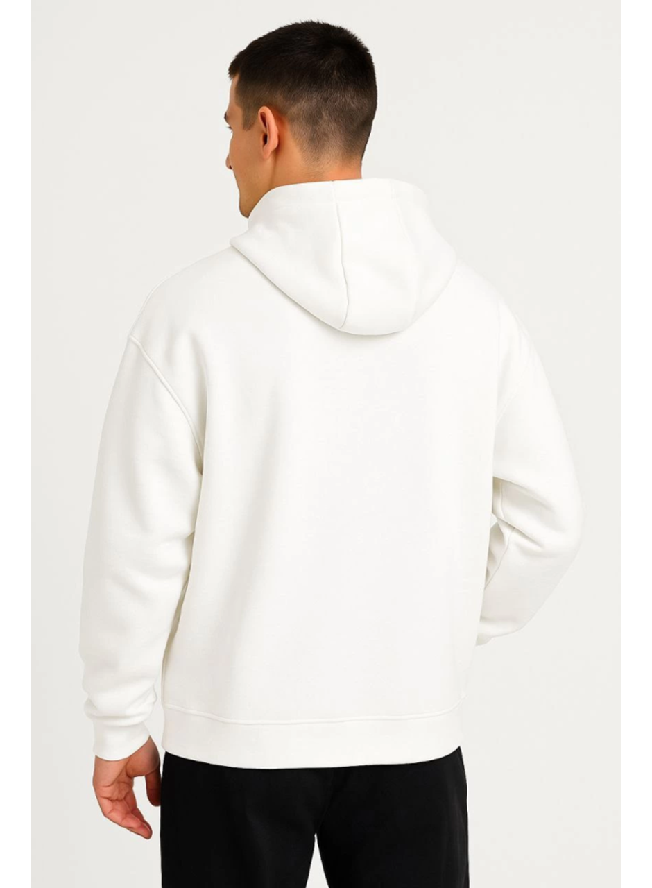 Erkek Ovarsize Kapüşonlu Swetshirt Kanguru Çepli Cıtcıtlı 3 Iplik Şardonlu Hoodie - Beyaz
