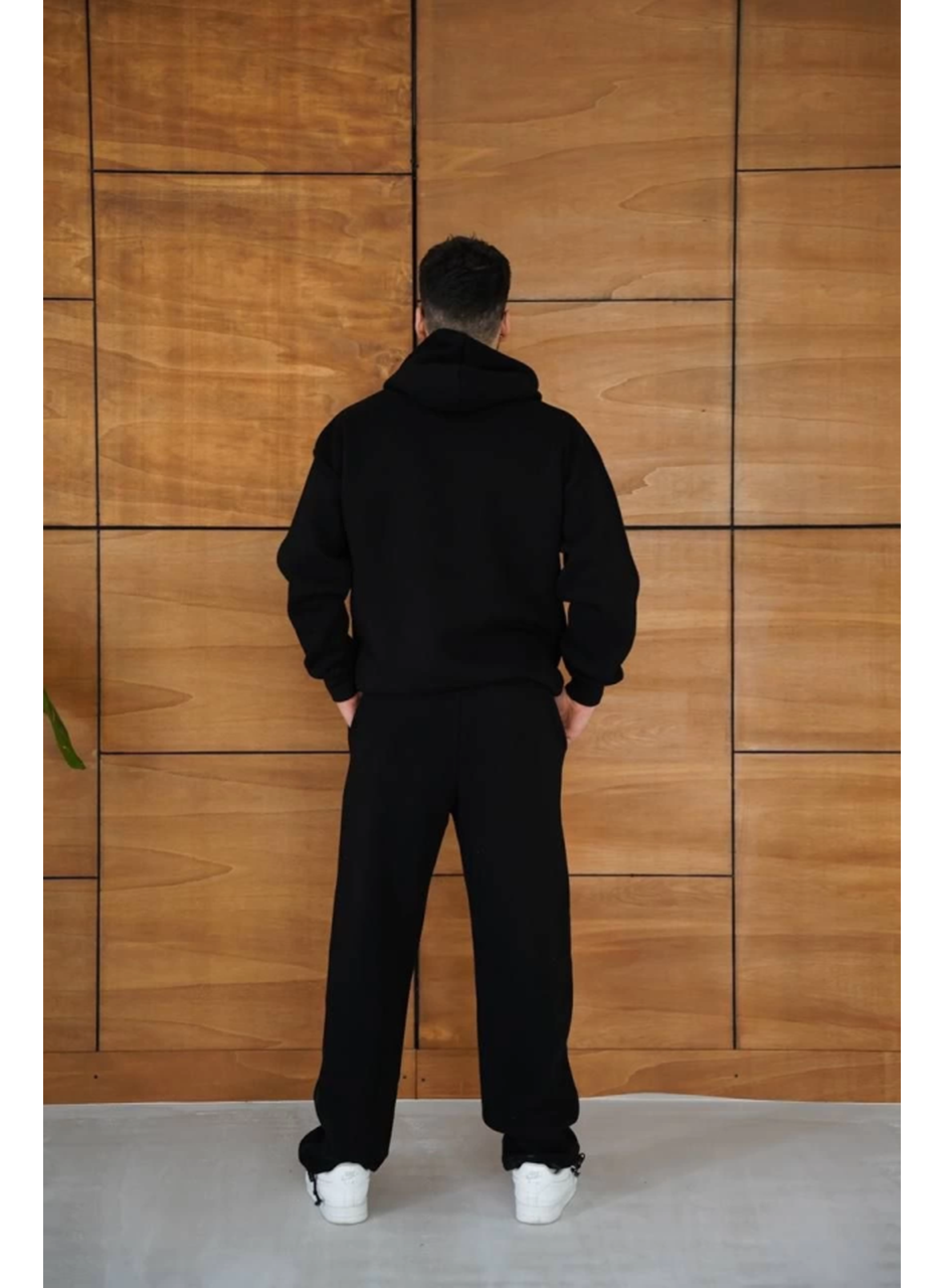 Erkek Kapüşonlu Eşofman Takım Örümcek Ağı Ve Neon Yeşil Baskılı Kanguru Cepli Oversize Rahat Kalıp, Premium Üç İplik Kumaş - Siyah