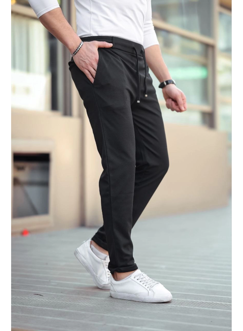 Erkek Diagonel Mikro Dokulu Cepli Beli Lastilki Pantolon - Siyah