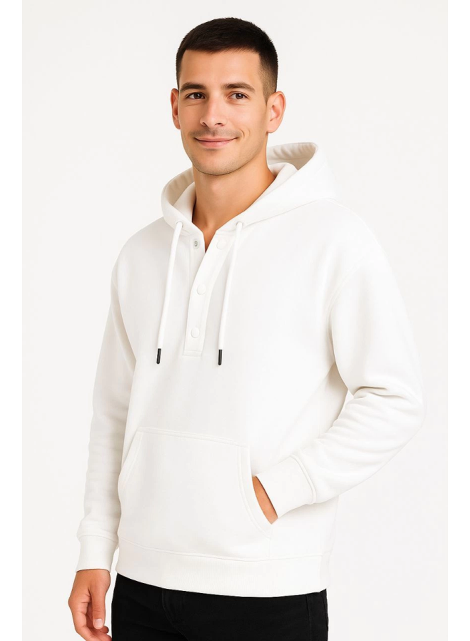 Erkek Ovarsize Kapüşonlu Swetshirt Kanguru Çepli Cıtcıtlı 3 Iplik Şardonlu Hoodie - Beyaz