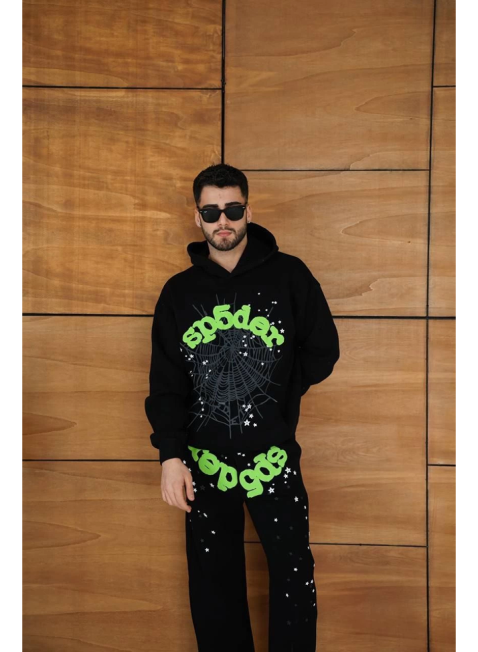 Erkek Kapüşonlu Eşofman Takım Örümcek Ağı Ve Neon Yeşil Baskılı Kanguru Cepli Oversize Rahat Kalıp, Premium Üç İplik Kumaş - Siyah