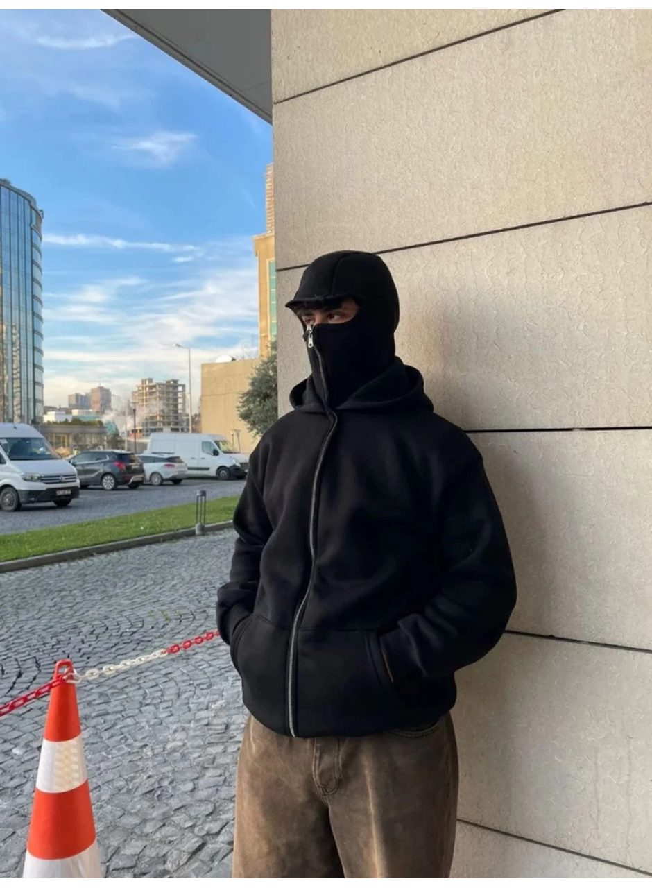 Samuray Ninja Çift Kapşonlu ZIP Fermuarlı Kanguru Çepli Tam Fermuarlı Hoodie Swetshirt - Siyah