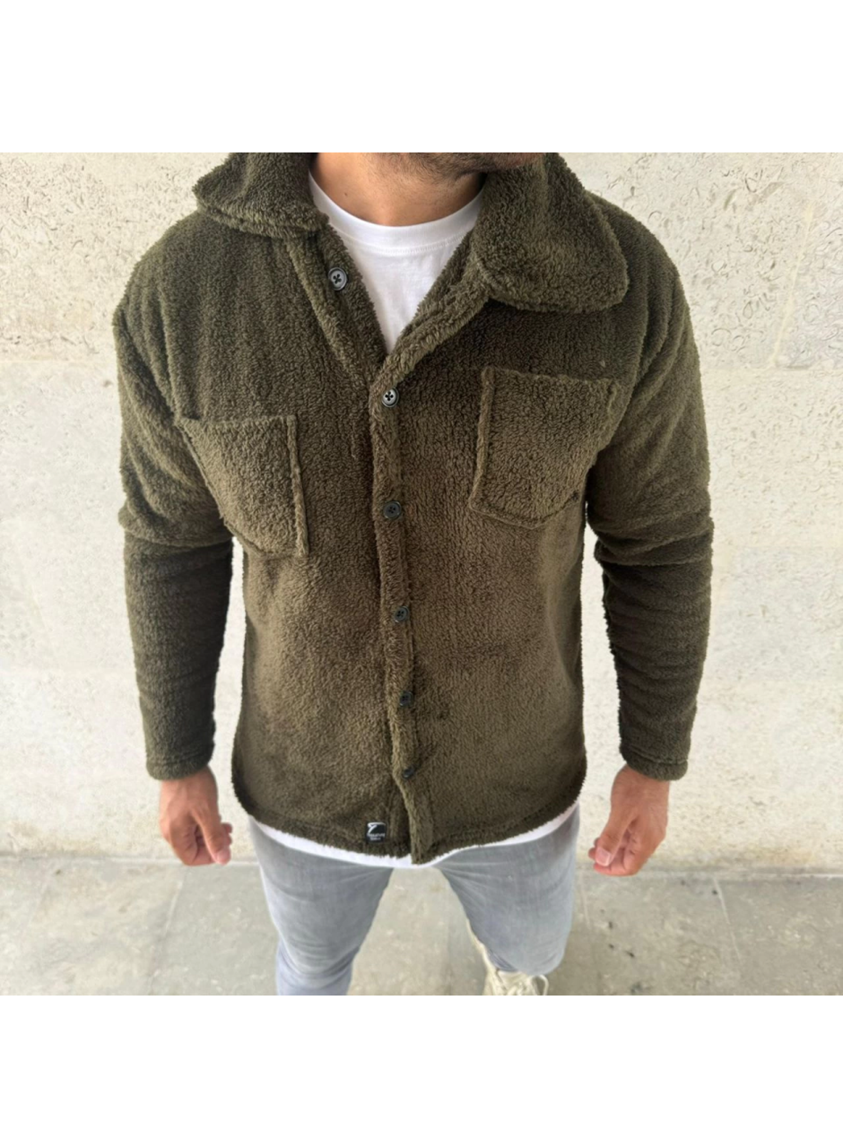 Erkek Pelüş Polar Hırka Gömlek – Yakalı, İlik Düğmeli, Göğüs Cepli, Yumuşak Dokulu Kışlık Regular Fit Rahat Günlük Model - Haki