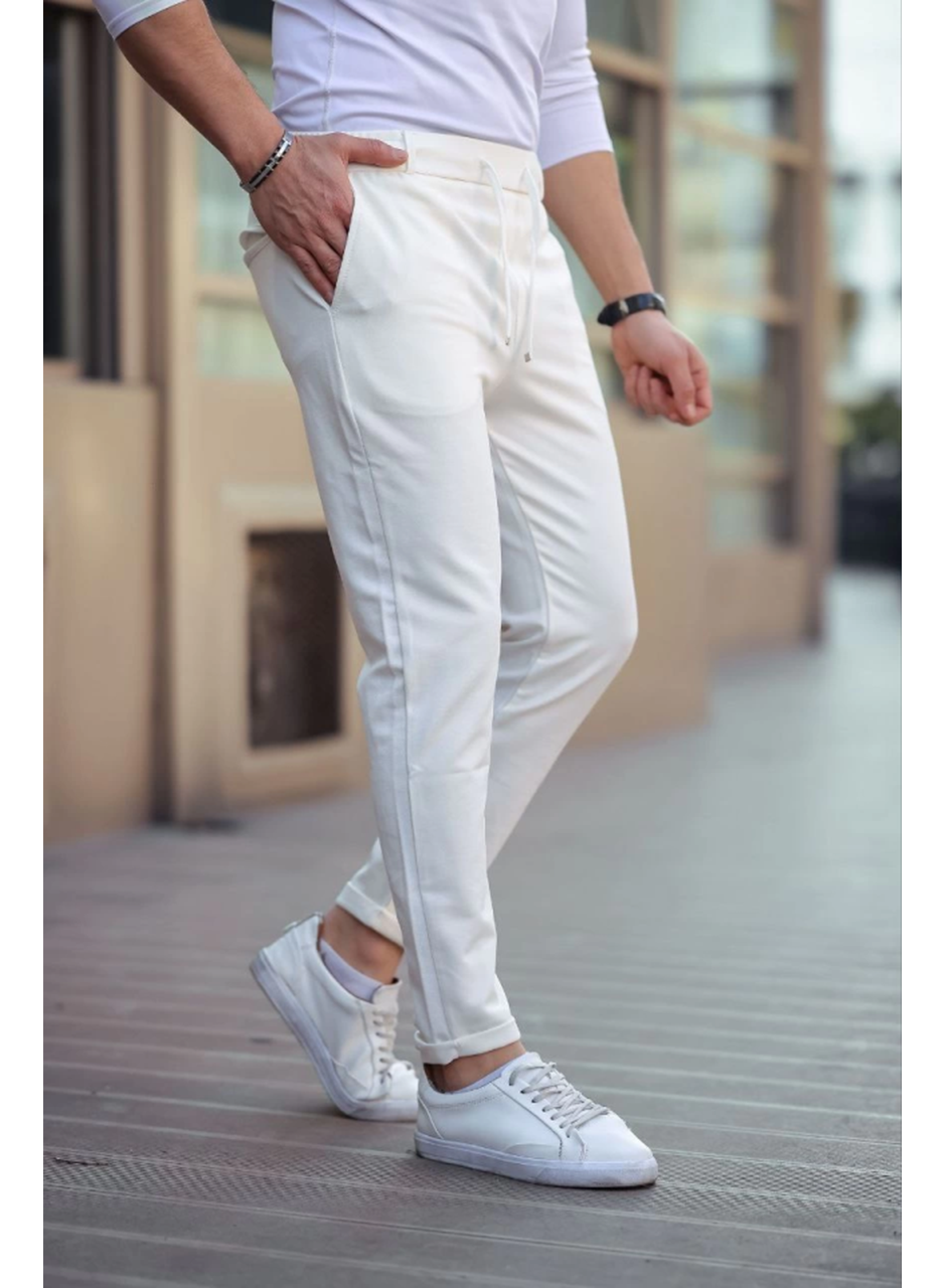 Erkek Diagonel Mikro Dokulu Cepli Beli Lastilki Pantolon - Beyaz