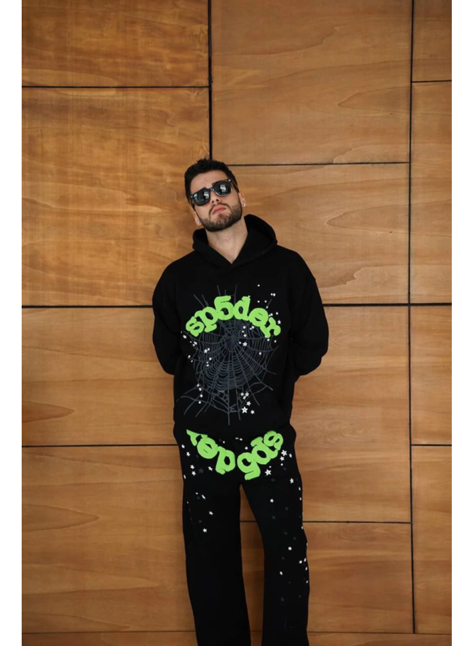 Erkek Kapüşonlu Eşofman Takım Örümcek Ağı Ve Neon Yeşil Baskılı Kanguru Cepli Oversize Rahat Kalıp, Premium Üç İplik Kumaş - Siyah