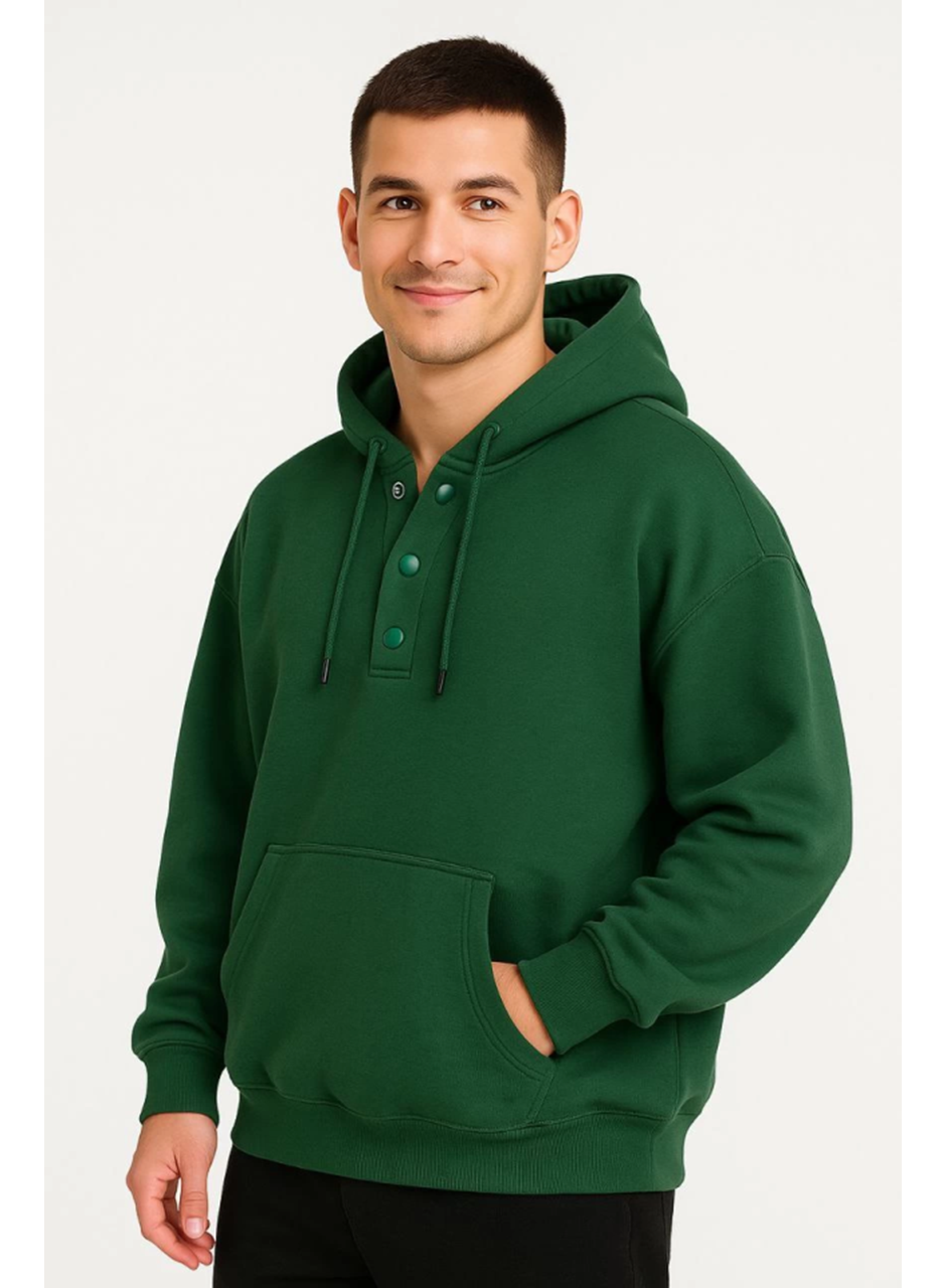 Erkek Ovarsize Kapüşonlu Swetshirt Kanguru Çepli Cıtcıtlı 3 Iplik Şardonlu Hoodie - Haki