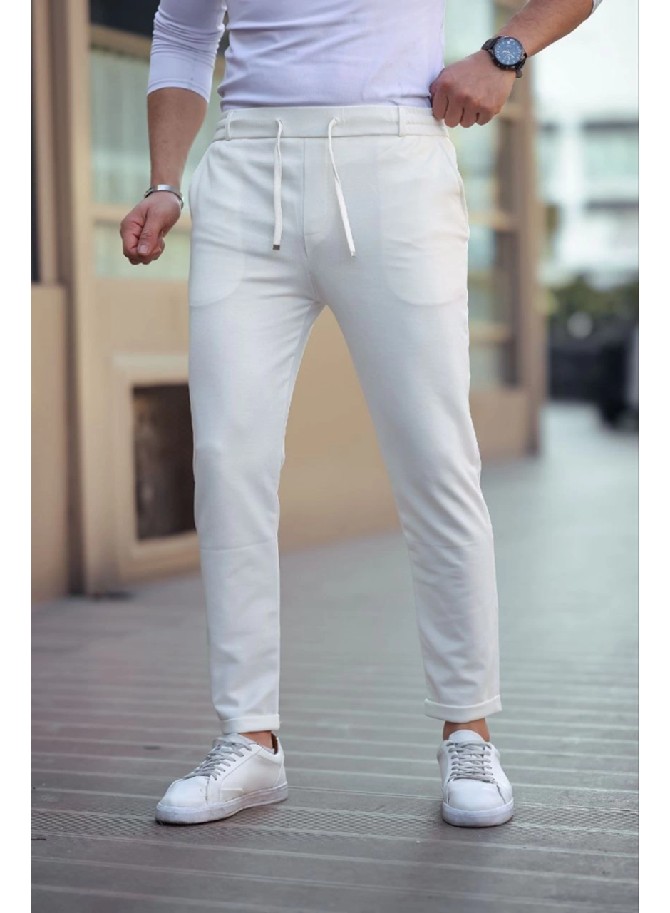 Erkek Diagonel Mikro Dokulu Cepli Beli Lastilki Pantolon - Beyaz