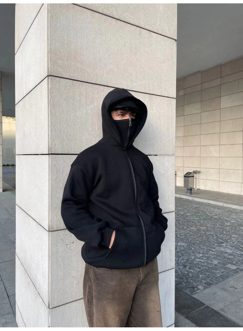 Samuray Ninja Çift Kapşonlu ZIP Fermuarlı Kanguru Çepli Tam Fermuarlı Hoodie Swetshirt - Siyah