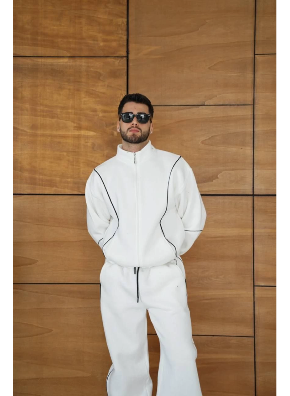 Erkek Premium Parçalı Eşofman Takım - Dik Yaka Fermuarlı Biyeli Sweatshirt Lastik Paça Alt, Oversize 3 Iplik Şardonlu - Beyaz