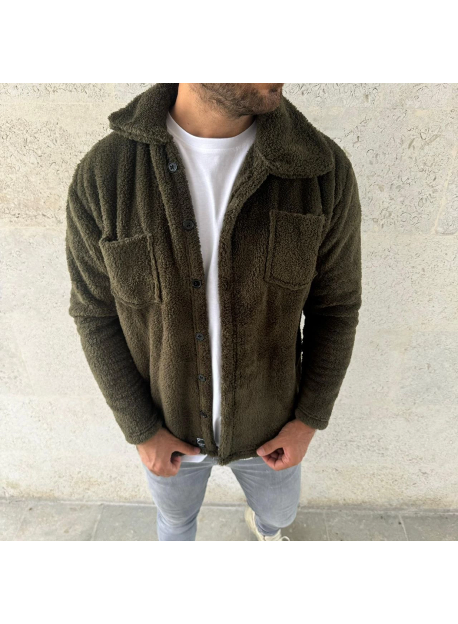 Erkek Pelüş Polar Hırka Gömlek – Yakalı, İlik Düğmeli, Göğüs Cepli, Yumuşak Dokulu Kışlık Regular Fit Rahat Günlük Model - Haki
