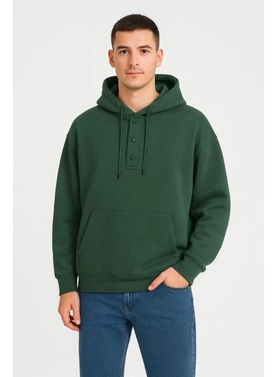 Erkek Ovarsize Kapüşonlu Swetshirt Kanguru Çepli Cıtcıtlı 3 Iplik Şardonlu Hoodie - Haki