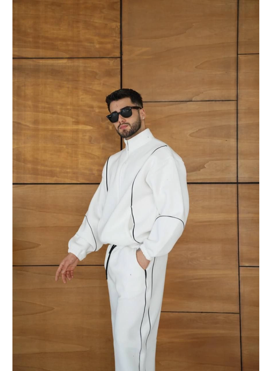 Erkek Premium Parçalı Eşofman Takım - Dik Yaka Fermuarlı Biyeli Sweatshirt Lastik Paça Alt, Oversize 3 Iplik Şardonlu - Beyaz