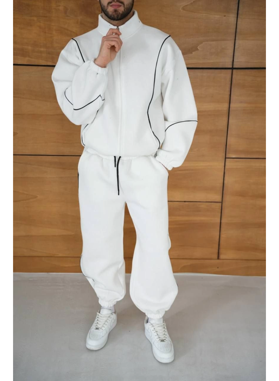 Erkek Premium Parçalı Eşofman Takım - Dik Yaka Fermuarlı Biyeli Sweatshirt Lastik Paça Alt, Oversize 3 Iplik Şardonlu - Beyaz