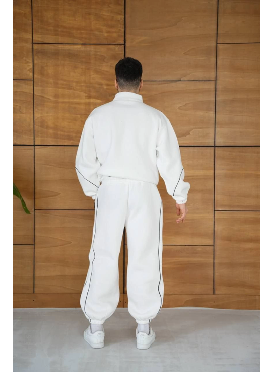 Erkek Premium Parçalı Eşofman Takım - Dik Yaka Fermuarlı Biyeli Sweatshirt Lastik Paça Alt, Oversize 3 Iplik Şardonlu - Beyaz