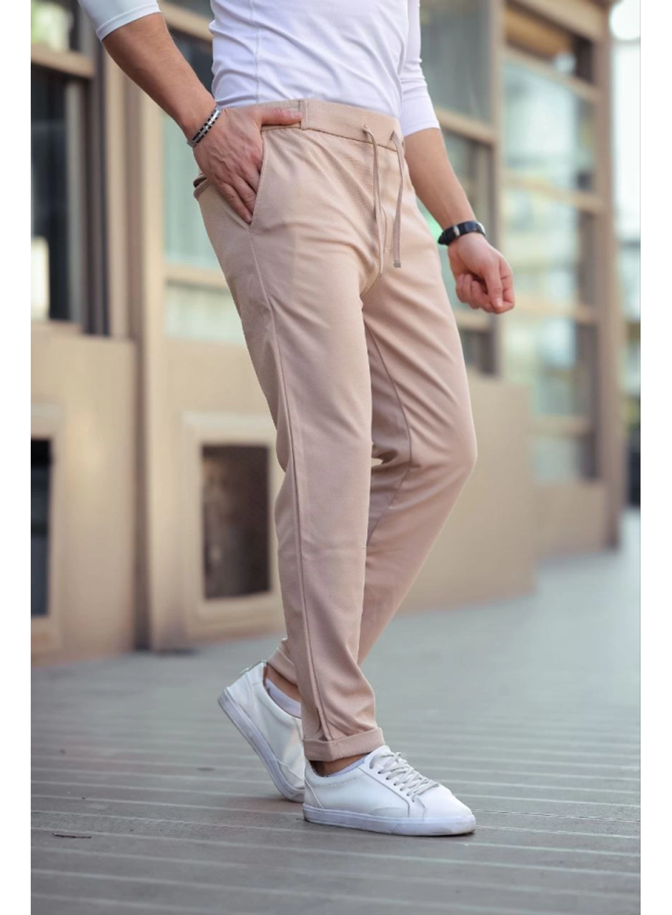 Erkek Diagonel Mikro Dokulu Cepli Beli Lastilki Pantolon - Kahverengi